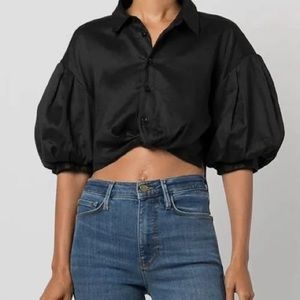 Puff Sleeve Twist-Front Twill Shirt, Size: Small, Worn once